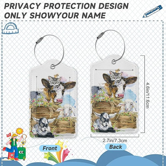 2 Pack Luggage Tags for Suitcases Cute Cow Cat Chicken Sheep Luggage Tag,Leather Stainless Steel Loop Label Tag for Men Women Travel Bag Suitcase