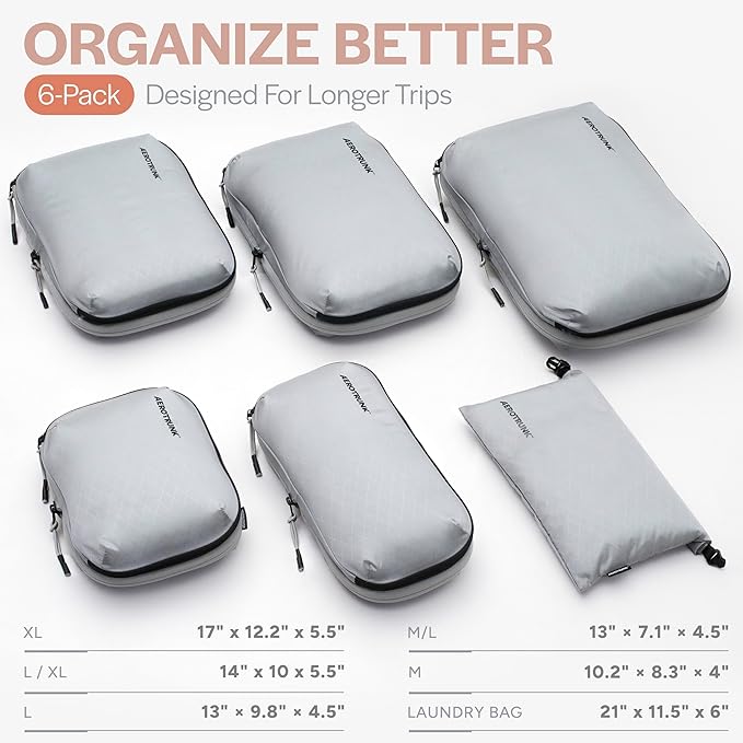 Aerotrunk Ultralight Compression Packing Cubes - Lightweight Travel Organizers for Suitcases and Luggage (6-Pack, Light Grey)