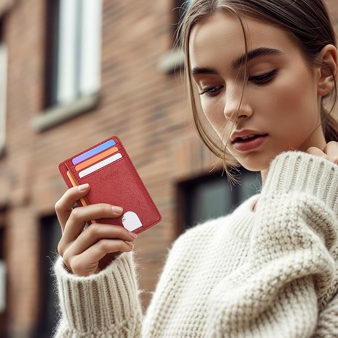 Buffway Slim Minimalist Front Pocket RFID Blocking Leather Wallets for Men and Women - Cross Red