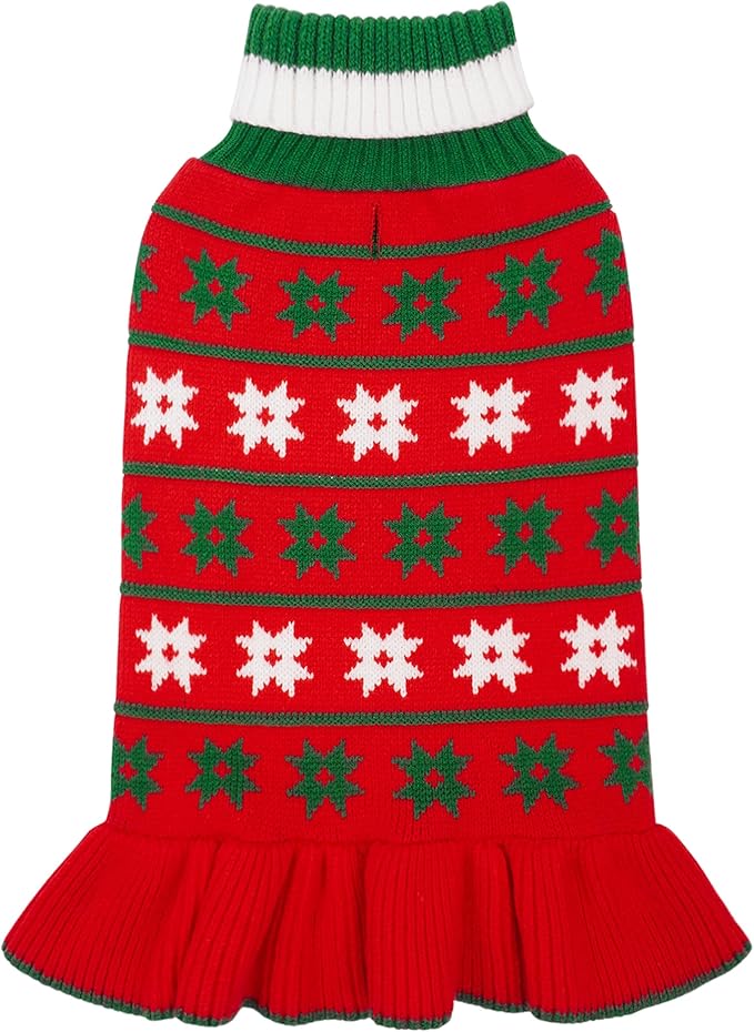 KYEESE Dog Christmas Sweater Warm Dog Sweater for Small Dogs with Leash Hole Knit Dogs Clothes Pet Coats Turtleneck Pet Sweater Dress with Snowflake Pattern, Red, Small