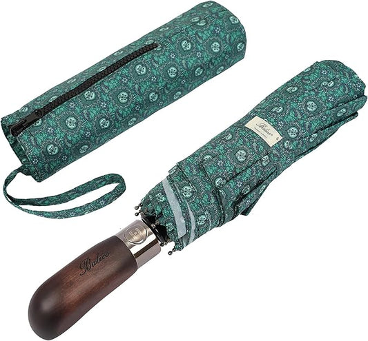 Balios Travel Folding Umbrella with Real Wood Handle Auto Open Close Vented Windproof Canopy - Designed in UK