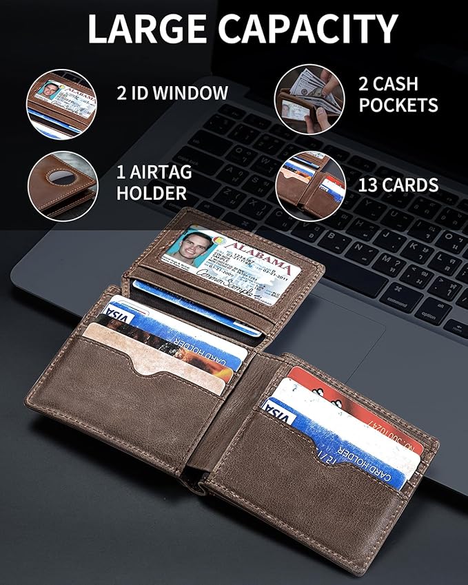Mens Wallet with AirTag Holder, Genuine Leather Bifold RFID Blocking Wallet for Men - 2 ID Window 13 Cards Holders 1 Gift Box, AirTag Not Included