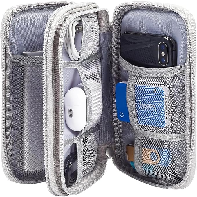 Portable Waterproof Double Layers Travel Cable Organizer Pouch Electronic Accessories Carry Case All-in-One Storage Bag for Cord, Charger, Phone, Earphone, Grey