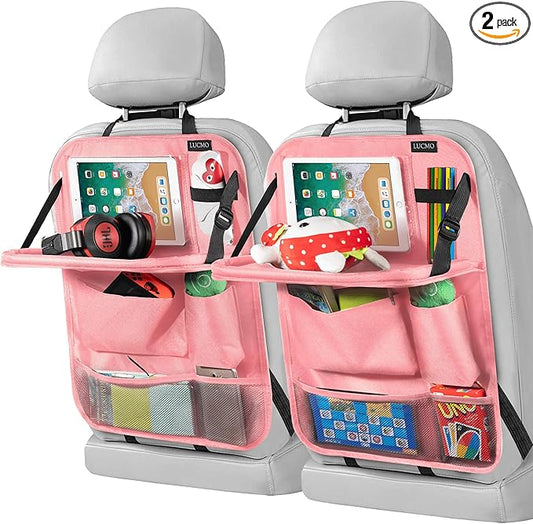 LUCMO Car Backseat Organizer with Tablet Holder-2 Pcs,6 Storage Pockets Car Storage Organizer with Foldable Food Tray,Protectors Kick Mats Travel Accessories-Pink