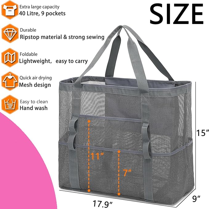 Mesh Beach Bag, Large Beach Tote with Zipper Pocket for Family Pool Bag for Toys & Vacation Essentials