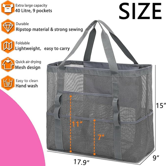 Mesh Beach Bag, Large Beach Tote with Zipper Pocket for Family Pool Bag for Toys & Vacation Essentials