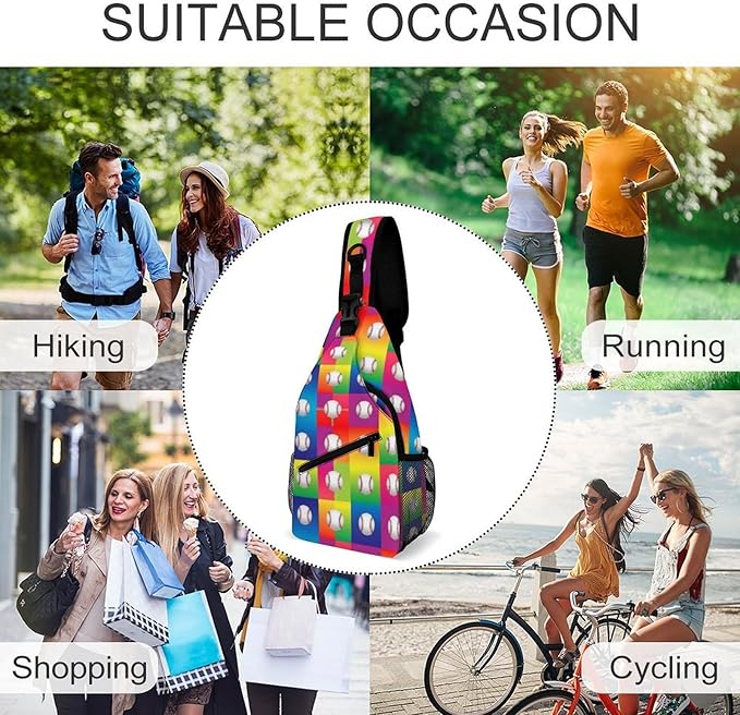 SWEET TANG Womens Fashion Gym Bags Anti Theft Crossbody Shoulder Chest Bag with Small Pocket, Multipurpose Daypack Bag for Cycling Traveling Hiking, Rainbow Baseball
