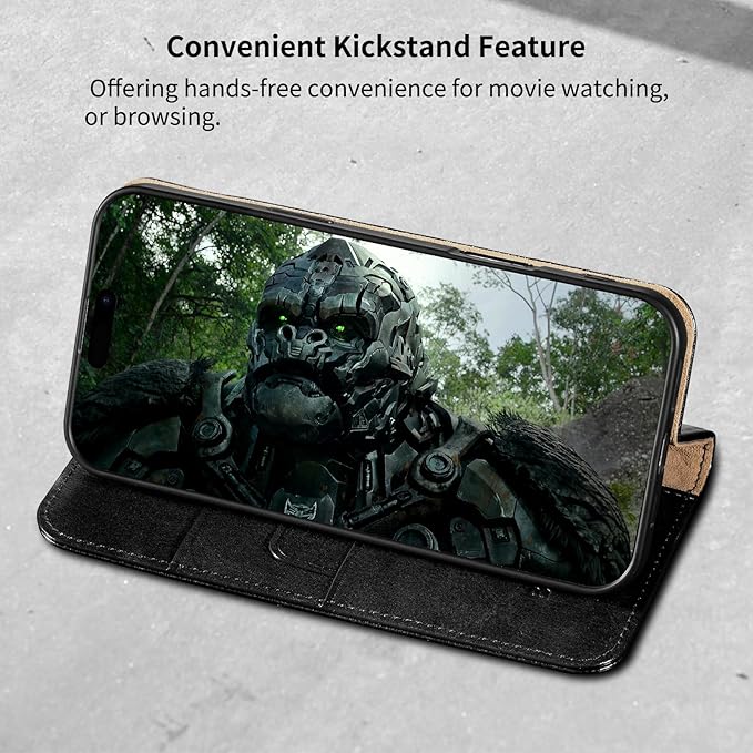 Belemay Leather Wallet Case Compatible with iPhone 17 Pro Max, Premium Cowhide Leather Two-Tone Effect, RFID Blocking Card Holders, Shockproof TPU Shell, Kickstand, Protective Flip Cover, 6.9", Black
