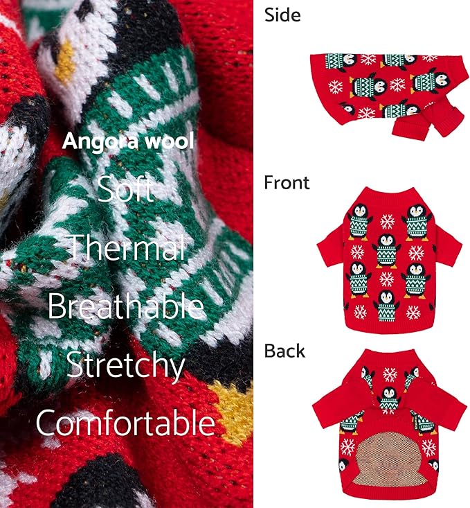 Fitwarm Funny Penguins Dog Ugly Christmas Sweater, Winter Dog Clothes for Small Dogs Girl Boy, Pet Xmas Outfit, Green, Red, White, Large