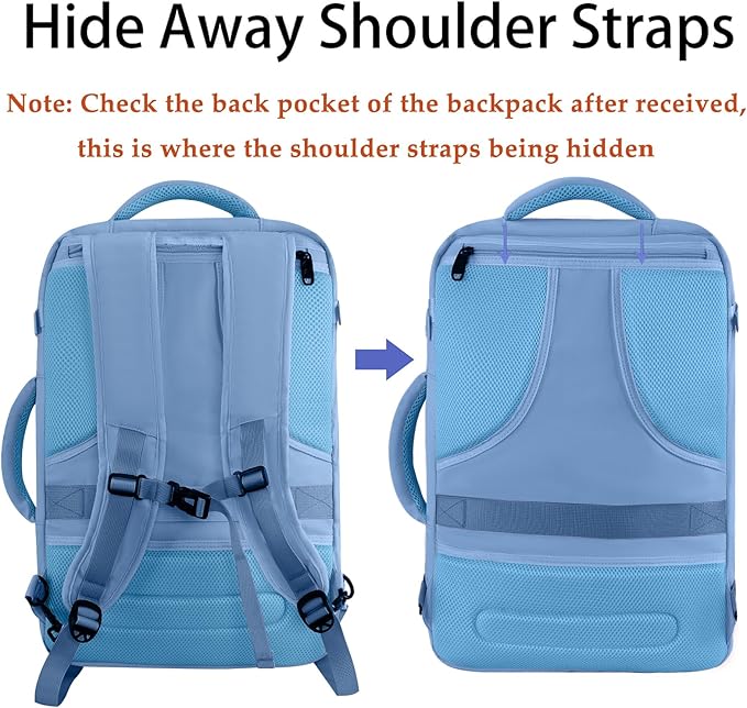 MATEIN Big Backpack for Travel, Carry on Backpack for Airlines with Hide Away Shoulder Straps, Large Hiking Daypack with 2 Handles, Gifts for Traveler Women, Light Blue