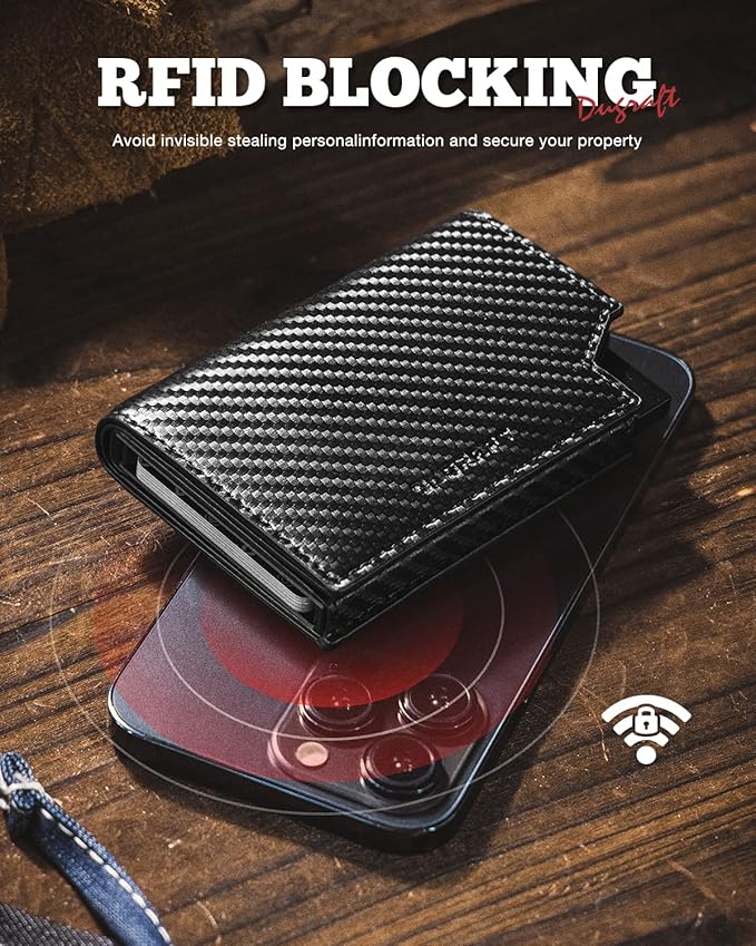 DUGRAFT Bifold Pop Up Wallet for Men, Slim Leather Credit Card Holder with Zipper Minimalist Women Magnetic Cash Coins Pocket Wallets RFID Blocking(CF Black)