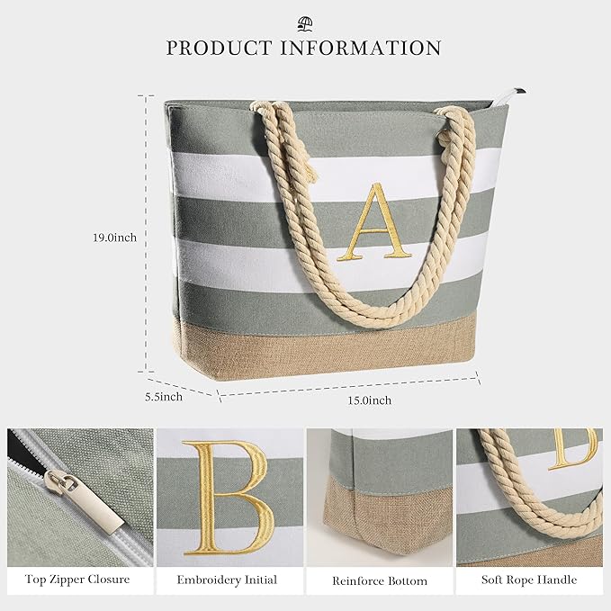 YOOLIFE Initial Canvas Waterproof Beach Tote Bag Zipper Personalized Gifts for Women Her Birthday Travel Beach Essential