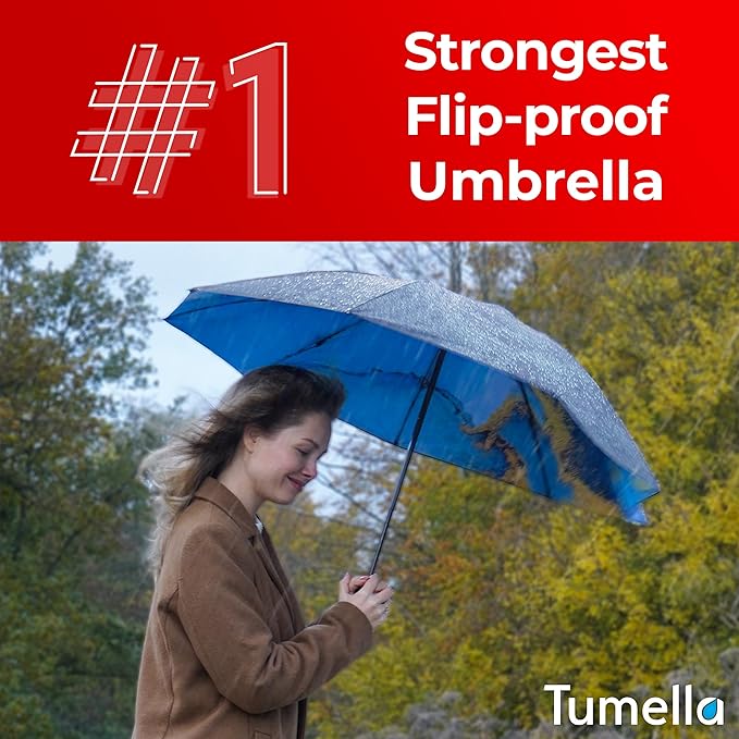 TUMELLA Flip-proof Inverted Travel Umbrella, Small Strong but Light Portable and Automatic Reverse Folding Rain Umbrella, Durable Premium Grip, Fits Car & Backpack