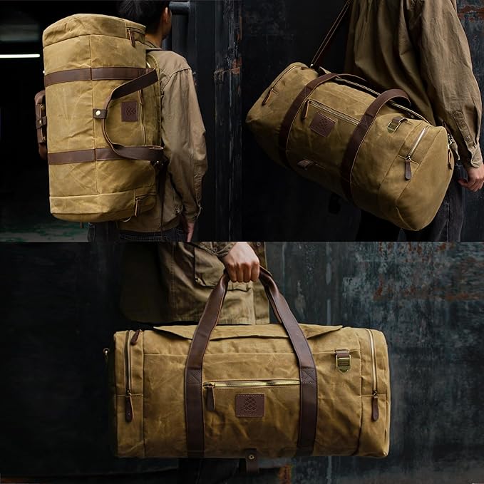 50L Duffle Bag for Men, Nomad Waxed Canvas Travel Duffel Bag Vintage Genuine Leather Travel Handbag Upgraded Weekender Overnight Backpack with Shoes Compartment (Vintage Brown)