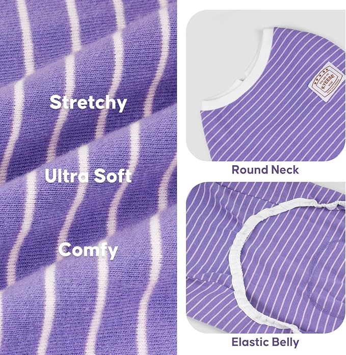 KYEESE Dog Pajamas Soft 4 Legs Doggie Jammies Striped Dog PJS Pet Jumpsuit Lightweight Puppy PJS Clothes Breathable Pajamas Stretchable Outfit Cozy Onesie Sleepwear for Summer,Purple Striped, Small