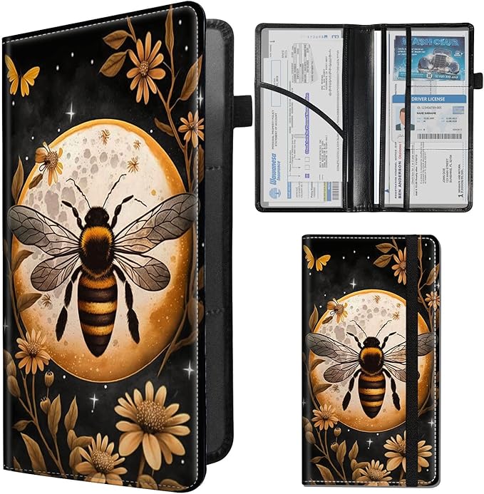 Car Registration and Insurance Holder,Leather Insurance License and Registration Card Holder for Car Glove Box, Auto Truck Document Holder Organizer for Men Women-Honey Moon Art
