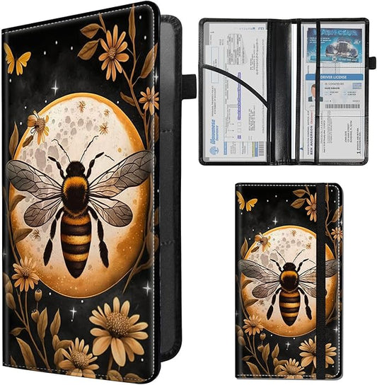 Car Registration and Insurance Holder,Leather Insurance License and Registration Card Holder for Car Glove Box, Auto Truck Document Holder Organizer for Men Women-Honey Moon Art