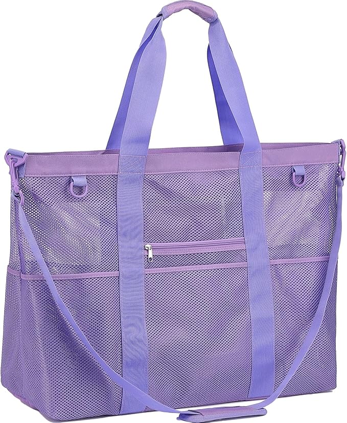 Mesh Beach Bag, Large Beach Tote with Zipper Pocket for Family Pool Bag for Toys & Vacation Essentials