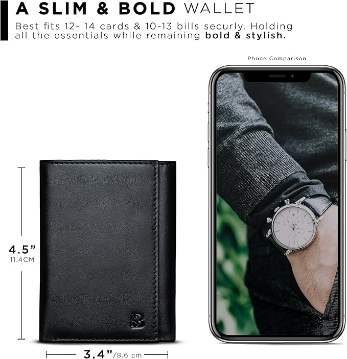 SERMAN BRANDS Trifold Wallet for Men - RFID Blocking Genuine Leather, 11 Card Slots & ID Window, Slim Everyday Carry, Durable Stitching, Gift for Him