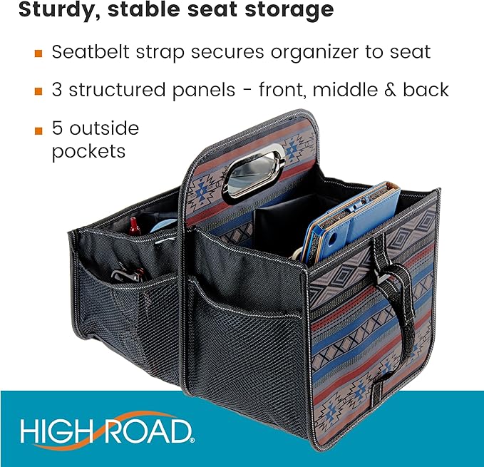 High Road Car Organizer with Cup Holder Dividers - Front Seat Organizer for Drivers or Middle Seat Car Organizer for Kids - Portable Car Caddy with Easy Carry Handle