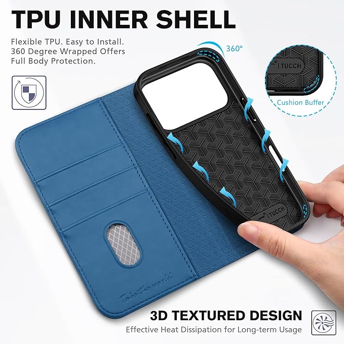 TUCCH Wallet Case for iPhone 17 Pro (6.3-Inch) 2025, 3 Credit Card Slot | RFID Blocking | Stand | PU Leather | Shockproof TPU Interior Shell | Protective Flip Folio Cover | Lake Blue