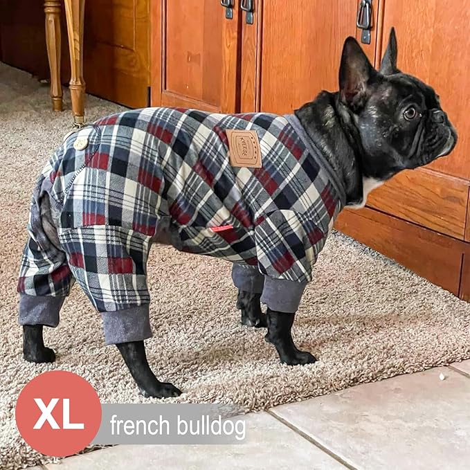 KYEESE Dog Pajamas Velvet Pjs Comfy Coat Pet Clothes Soft Doggie Jammies Plaid Dog Pajamas for Small Dogs Boy Girl Stretchy Onesie, Grey, X-Large