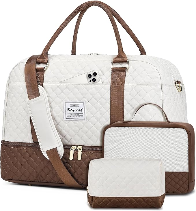 Travel Duffle Bag Weekender for Women: Travel Duffel Bag Carry-On Overnight Bag with Shoe Compartment & Wet Pocket Large Weekend Tote Bag Gym Duffel Bag for Hospital Beige Brown