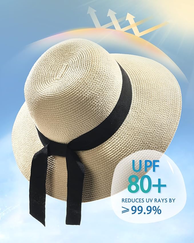 FURTALK Womens Beach Sun Straw Hat UV UPF 80+ Travel Foldable Brim Summer UV Hat
