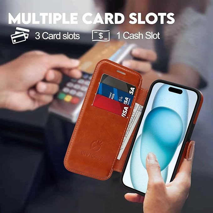 CIVICASE for iPhone 14 Pro Max Wallet Case with Stand,PU Leather Flip Credit Card Holder Slots (RFID Blocking),Compatible with Magsafe Magnetic Holder Phone Cover Women Men,Brown
