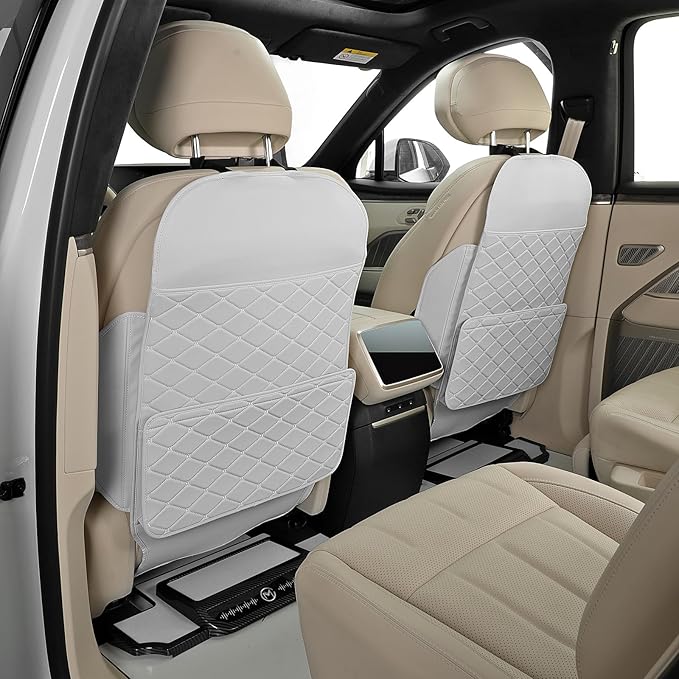 Seat Back Protector + Large Capacity Pocket Storage Organizer,Preventing the Impact of Children Stepping on the Seat Backrest (Cream White)