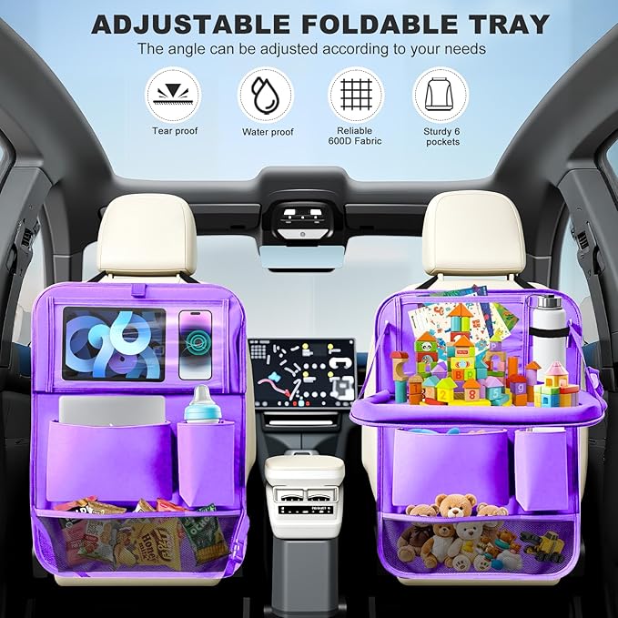 Zecirl 2Pack Car Backseat Organizer with Foldable Table Tray,6 Storage Pockets Car Storage Organizer with Tablet Holder,Car Seat Back Protectors Kick Mats Travel Accessories (Purple)