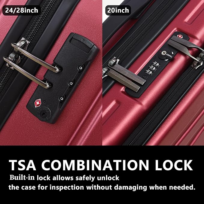 TydeCkare 2pcs 20/28" Luggage Set Lightweight HardShell, Only 20 Inch Carry On 21.65 * 15.35 * 7.87" Cabin Suitcase with Front Pocket, 28 Inch 19.68 * 11.81 * 29.92" Checked Luggage, Wine Red