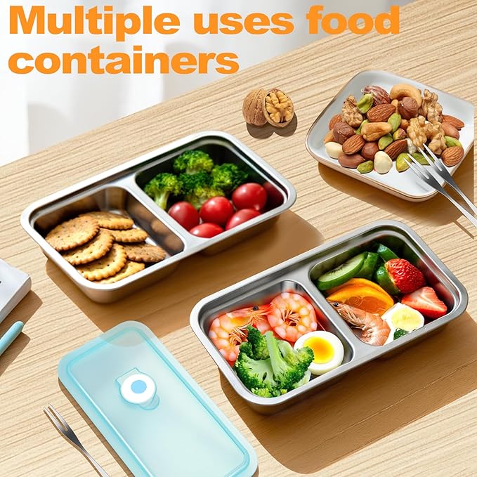 vovoyager Stainless Steel Snack Containers with Lids, Reusable Bento Lunch Container Box, Food Storage, Leak Proof, Dishwasher-Safe, Grab and Go for Work, 4 Pack-Double Compartment