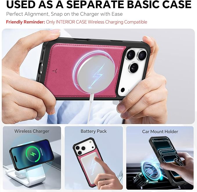 TUCCH 2-in-1 Removable Wallet Case for iPhone 17 Pro Max (6.9-inch) 2025, Wireless Charging | RFID Blocking 4 Card Slots | Wrist Strap | Kickstand | Magnetic | PU Leather | Protective Cover | Hot Pink
