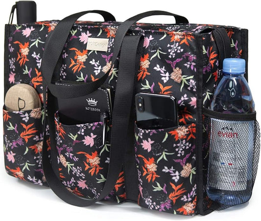 TOPDesign Utility Water Resistant Tote Bag with 13 Pockets, Top Zipper Closure & Thick Bottom Support, for Working Women