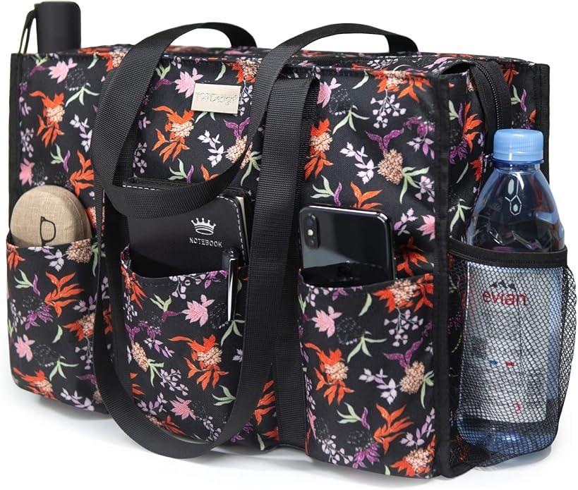 TOPDesign Utility Water Resistant Tote Bag with 13 Pockets, Top Zipper Closure & Thick Bottom Support, for Working Women
