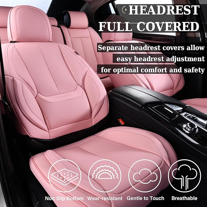 Coverado Car Seat Covers Full Set, Seat Covers for Cars, Pink Car Seat Protector Waterproof, Nappa Leather Car Seat Cushion, Car Seat Covers Front Seats and Back Fit for Most Cars
