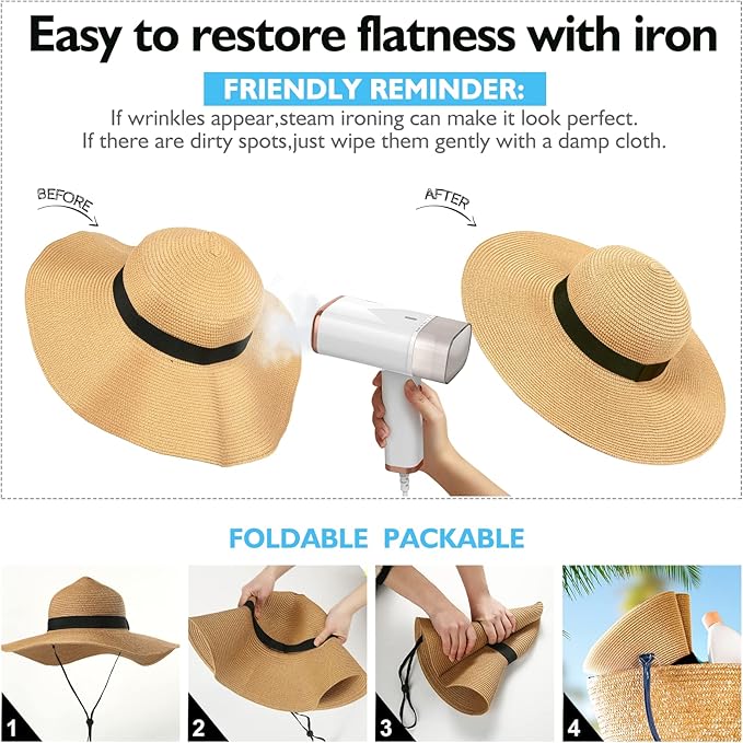 Beach Hats for Women, Foldable Sun Hat Womens UV Protection, Boho Wide Brim Hats for Women, Floppy Straw Visor Hat
