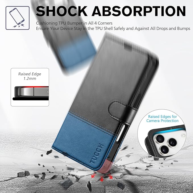 TUCCH Wallet Case for iPhone 17 Pro (6.3") 2025, RFID Blocking 4 Card Slots | Kickstand | Magnetic Closure | PU Leather | Shockproof TPU Shell | Protective Flip Cover | Black & Light Blue