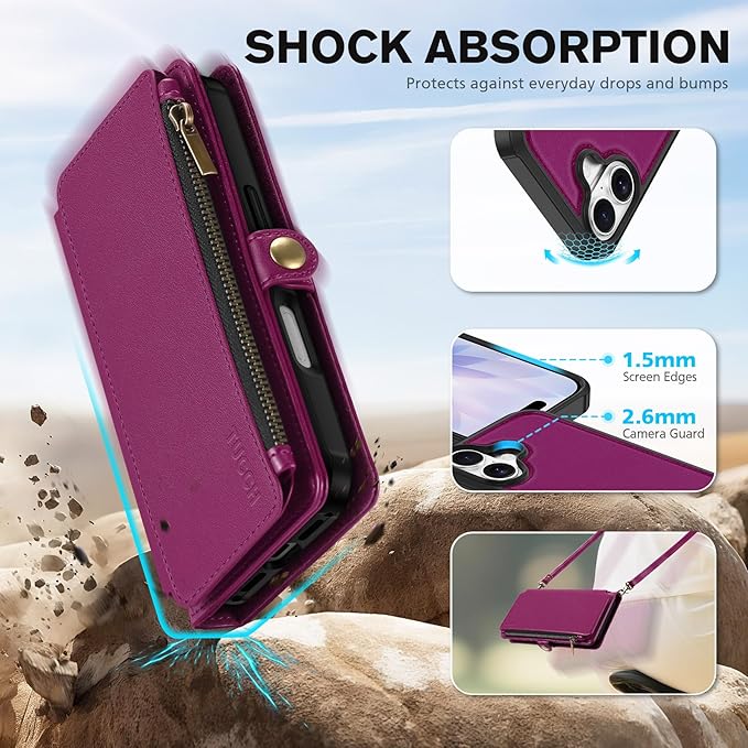 TUCCH Crossbody Detachable Wallet Case for iPhone 17 (6.3") 2025, 9 Card Holders RFID Blocking, Wireless Charging, Stand, Wrist Strap, Lanyard, Zipper Pocket, PU Leather Shockproof Cover, Plum Purple