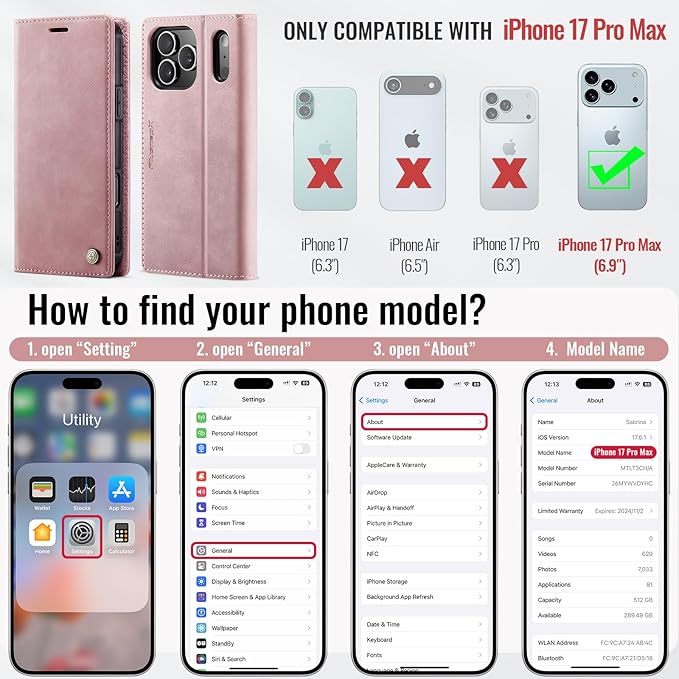 PlusnapX Wallet Case for iPhone 17 Pro Max Compatible with Magsafe, 2-in-1 PU Leather Flip RFID Blocking Card Holder Stand Shockproof Magnetic Detachable Cover for iPhone 17 Pro Max Case 6.9", Pink