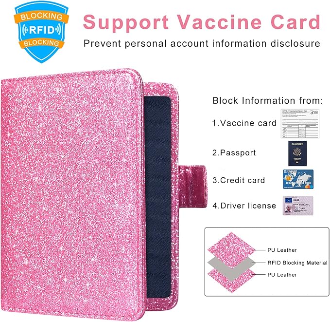 Caweet Passport and Vaccine Card Holder Leather Vaccination Card Wallet with Magnetic Closure, Glitter Pink