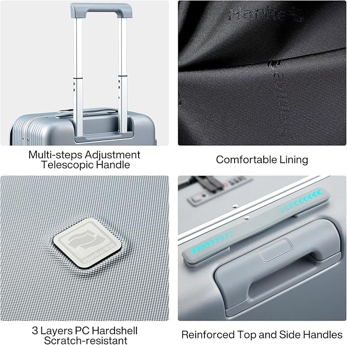 Hanke Grace Hard Shell Suitcases with Wheels,20 Inch Carry On Luggage Airline Approved with Aluminum Frame, Travel suitcase with Front Pocket Travel Luggage for Short Business Trips, Grey.