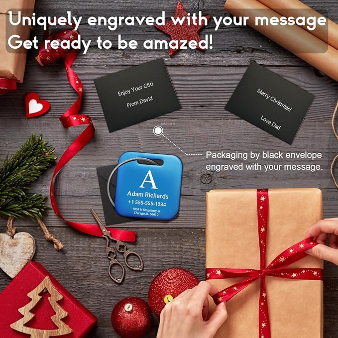 Stainless Luggage Tags for Suitcases 4 Pack: Metal Personalized Luggage Tags for Backpacks & Bags with Customizable Texts (Blue)