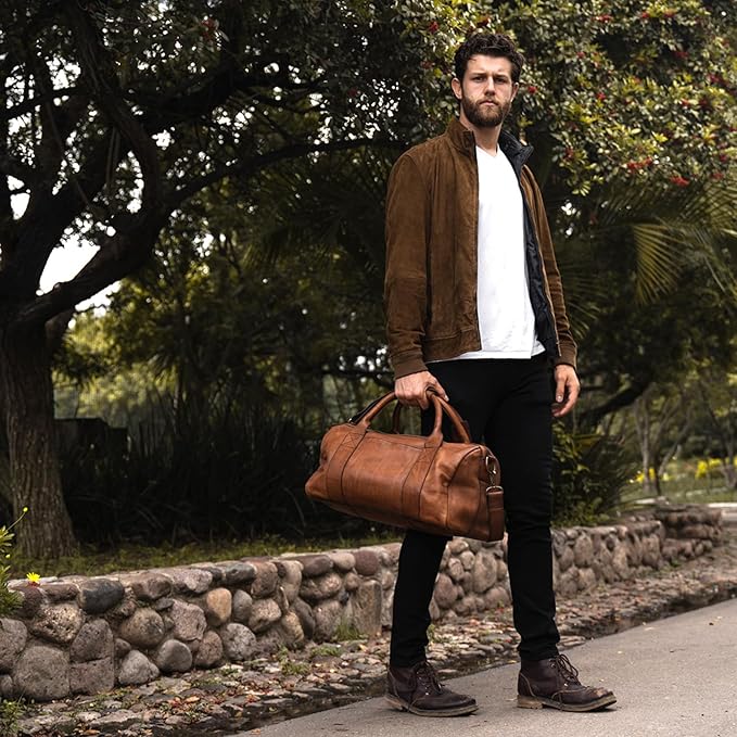Full Grain Leather Duffle Bag – 25L Travel, Gym & Carry-On Weekender for Men | Handcrafted Overnight Bag with Brass Hardware, Vintage Style