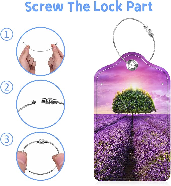 Set of 2 Luggage Tags Tree in The Lavender Field Leather Suitcases Tag with Privacy Cover Stainless Steel Loop and Address Card for Women Men Travel