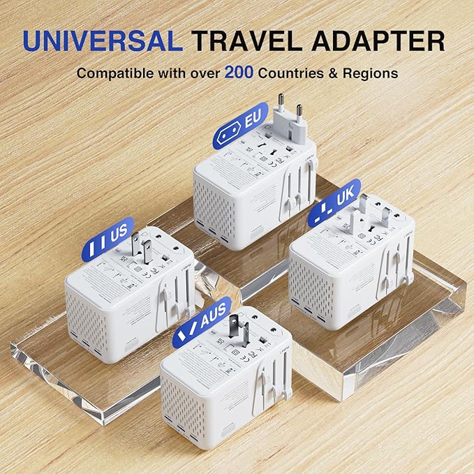 DAILYLIFE 220V to 110V Converter, Travel Adapter US to Europe - Power Converter Adapter Combo with 3 USB C and 1 USB A for US/UK/EU/AU, 1 Pack (White)