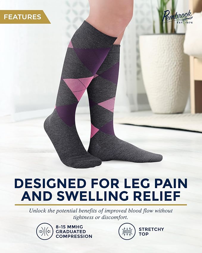 Pembrook Bamboo Viscose Light Compression Socks - 3 Pairs | 8-15 mmhg Compression Socks | Knee High Comfort Support Socks