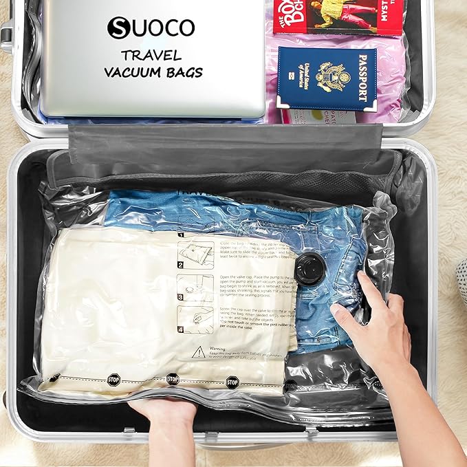 SUOCO Travel Vacuum Seal Bags for Clothing with Rechargeable Electric Pump, 9 Pack Compression Packing Bags for Luggage Suitcase Backpack, Carry-on Size Space Saver Storage