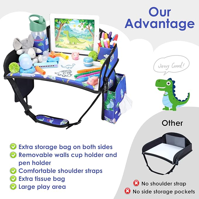 WENRENER Kids Travel Tray for Airplane - Toddler Car Seat Table Tray, Road Trip Essentials for Boys & Girls, Carseat Lap Desk for Kids Road Trip Activities,Blue Dinosaur